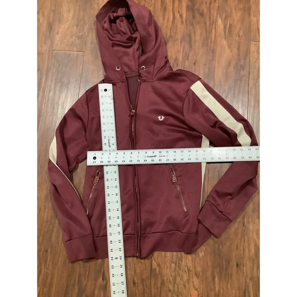 Men's True Religion Burgundy Hooded Zip Jacket With Biege Stripes Medium